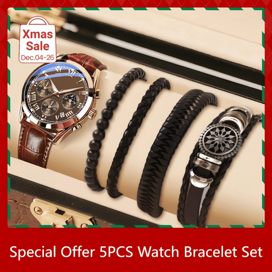 Men's 5-Piece Quartz Watch and Bracelet Set with Calendar Function