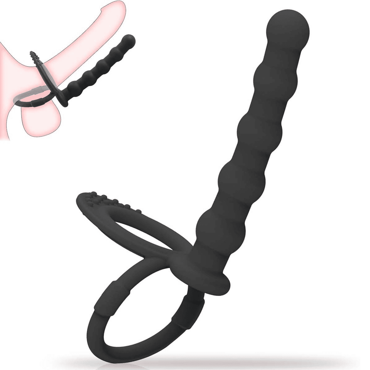 Premium Silicone Anal Beads Butt Plug with Cock Ring Strap, Dual Stimulator Dildo