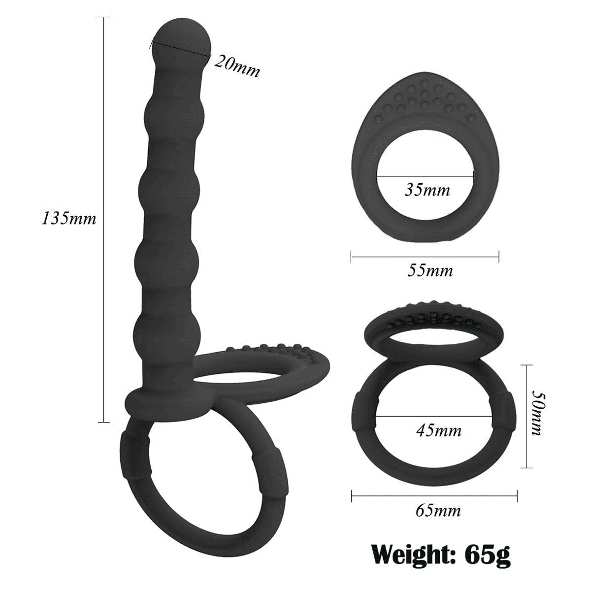 Premium Silicone Anal Beads Butt Plug with Cock Ring Strap, Dual Stimulator Dildo