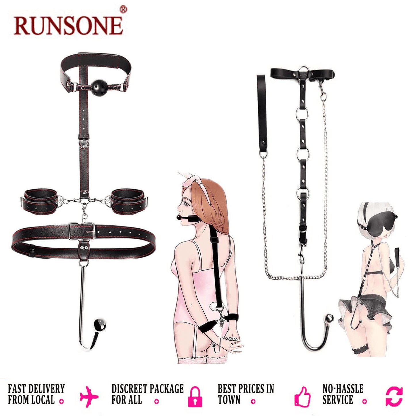 Adjustable BDSM Bondage Restraint Set: Cuffs, Ball Gag, Anal Hook, Collar Chain