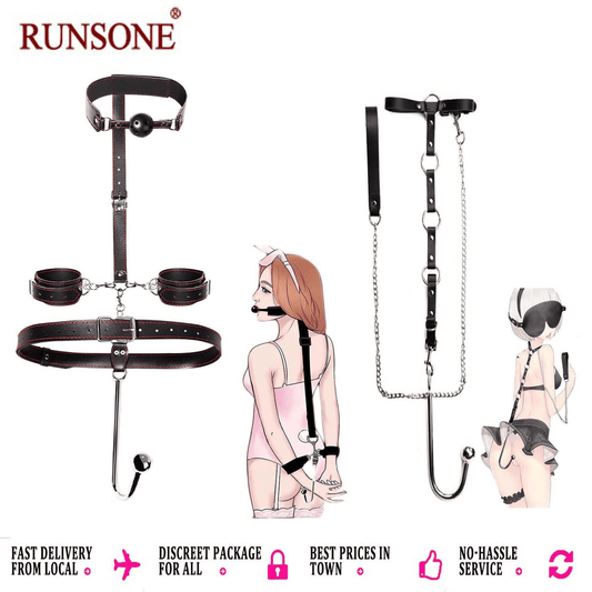 Adjustable BDSM Bondage Restraint Set: Cuffs, Ball Gag, Anal Hook, Collar Chain