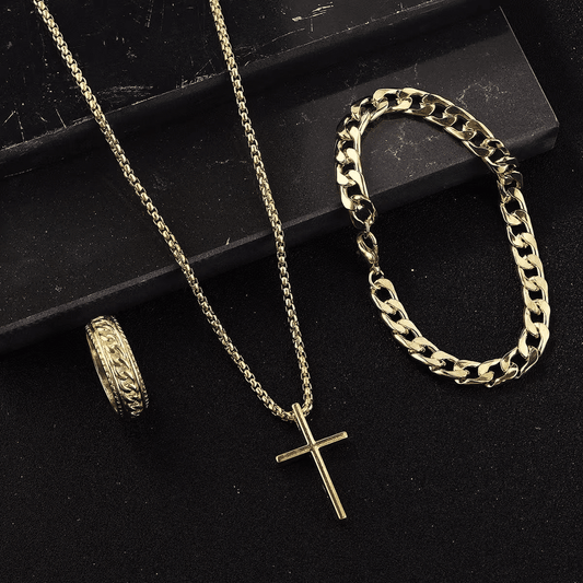 Men's 3-Piece Titanium Steel Cross Jewelry Set - Necklace, Ring, Bracelet