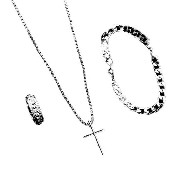 Men's 3-Piece Titanium Steel Cross Jewelry Set - Necklace, Ring, Bracelet