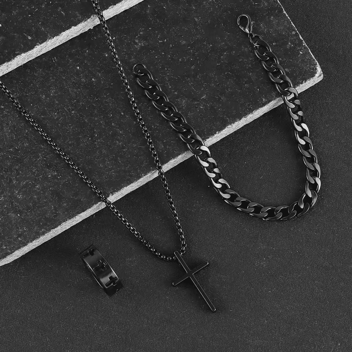 Men's 3-Piece Titanium Steel Cross Jewelry Set - Necklace, Ring, Bracelet