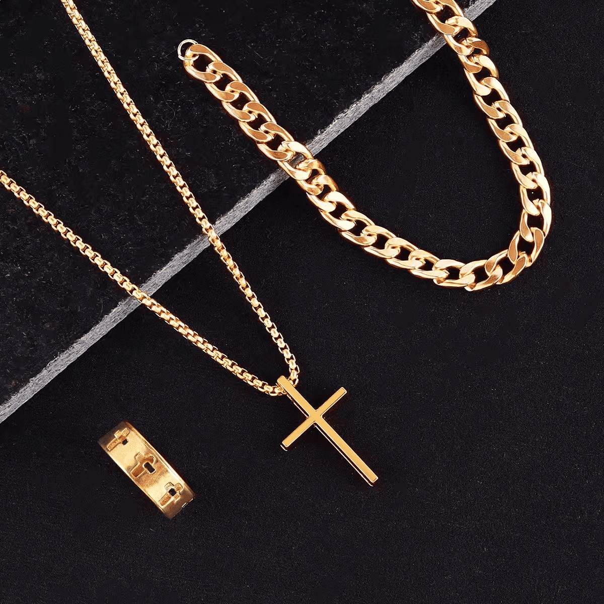 Men's 3-Piece Titanium Steel Cross Jewelry Set - Necklace, Ring, Bracelet