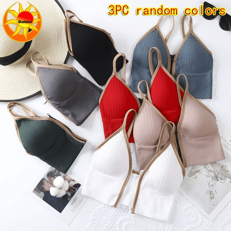 Baldur 3-Pack Women's Deep V-Zipper Sports Bra - Wireless Comfort