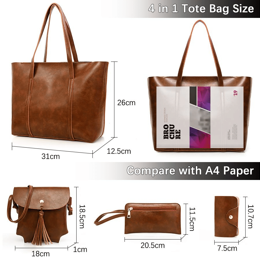 Elegant 4-in-1 Ladies PU Leather Handbag Set: Waterproof Tote & Crossbody Bags