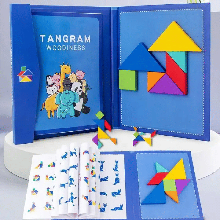 Wooden Magnetic Tangram Jigsaw Puzzle Book Montessori Educational Toy