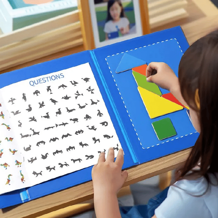 Wooden Magnetic Tangram Jigsaw Puzzle Book Montessori Educational Toy