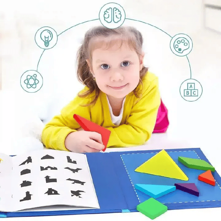 Wooden Magnetic Tangram Jigsaw Puzzle Book Montessori Educational Toy
