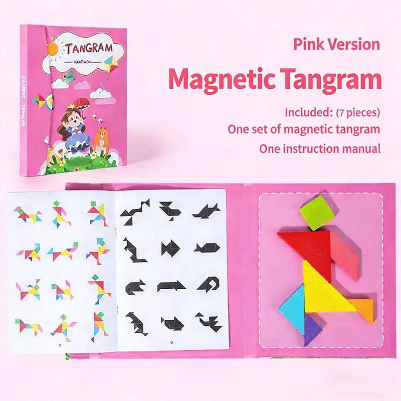 Wooden Magnetic Tangram Jigsaw Puzzle Book Montessori Educational Toy