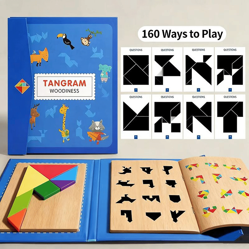Wooden Magnetic Tangram Jigsaw Puzzle Book Montessori Educational Toy
