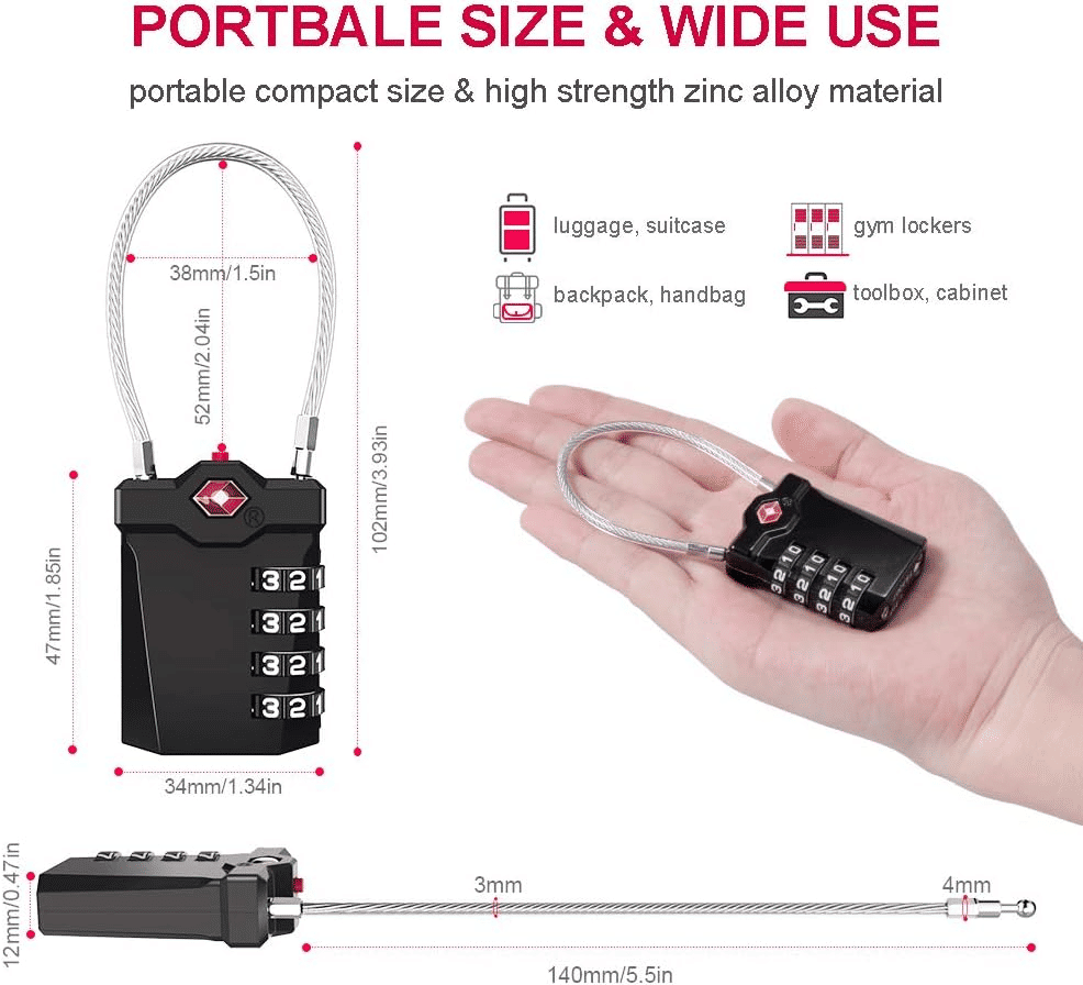 TSA Approved 4-Digit Combination Luggage Lock Zinc Alloy Black