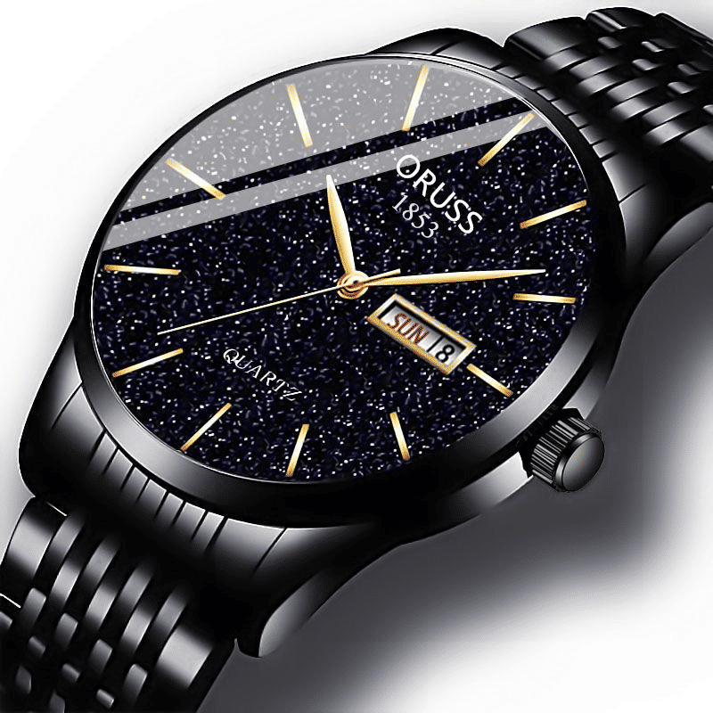 Men's Waterproof Starlight Dual Calendar Quartz Watch with Metal Band