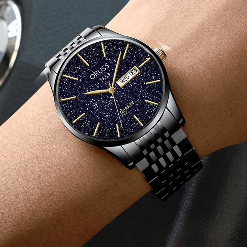 Men's Waterproof Starlight Dual Calendar Quartz Watch with Metal Band
