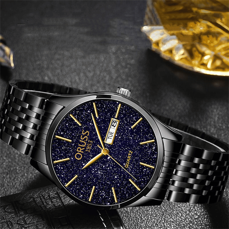 Men's Waterproof Starlight Dual Calendar Quartz Watch with Metal Band