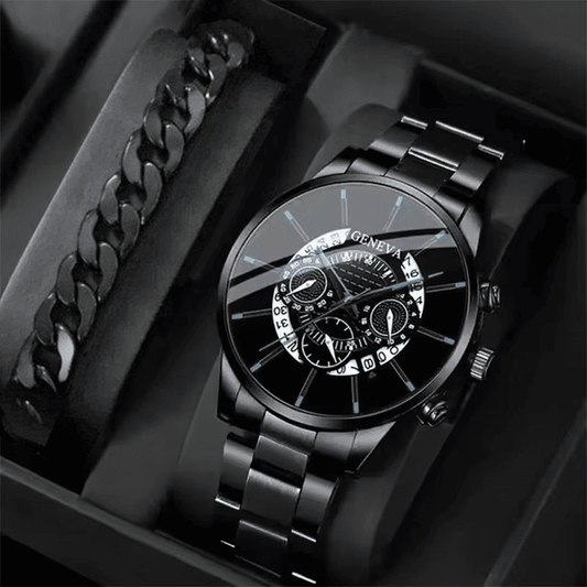 2-Piece Men's Black Quartz Analog Watch and Bracelet Set