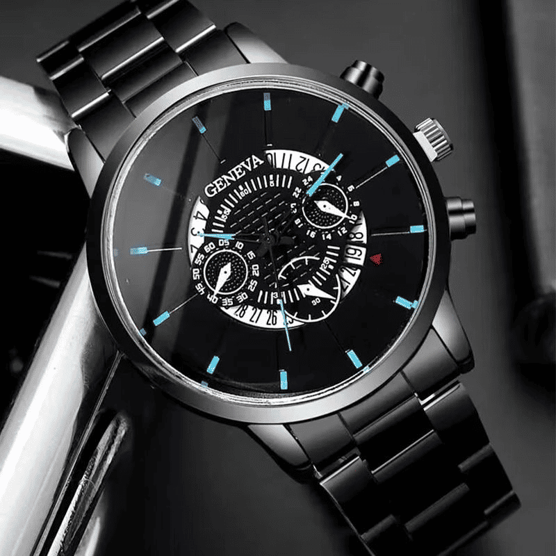 2-Piece Men's Black Quartz Analog Watch and Bracelet Set