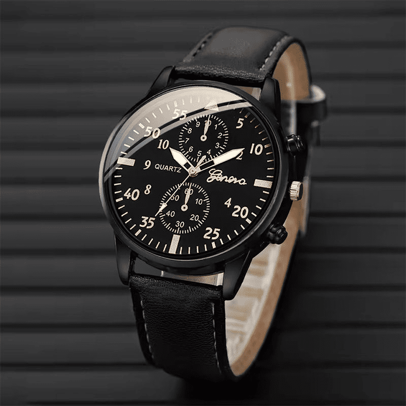 Men's Business Analog Quartz Leather Watch with Woven Bracelet Set