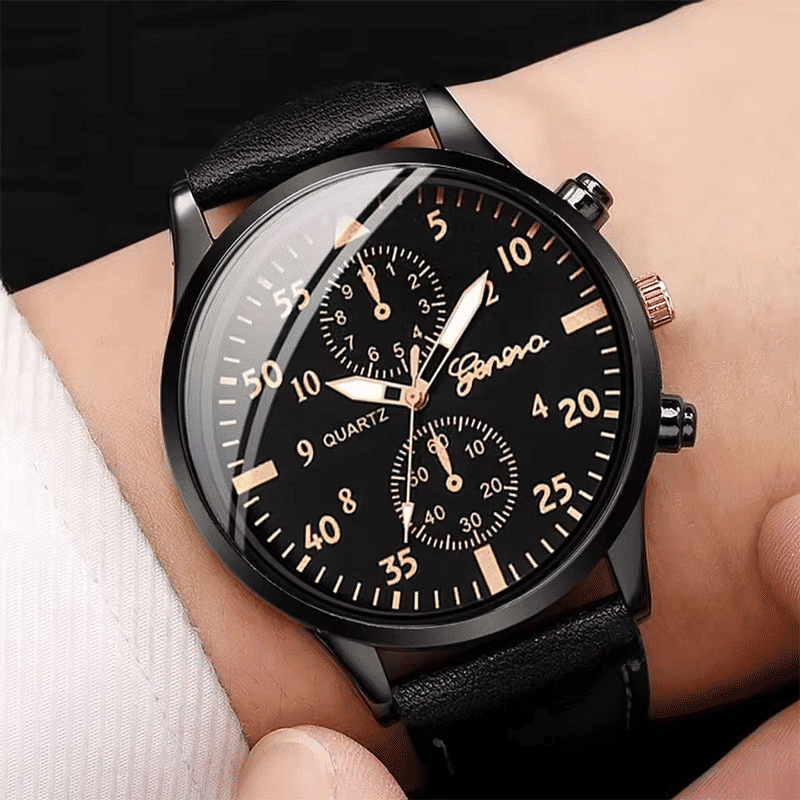 Men's Business Analog Quartz Leather Watch with Woven Bracelet Set