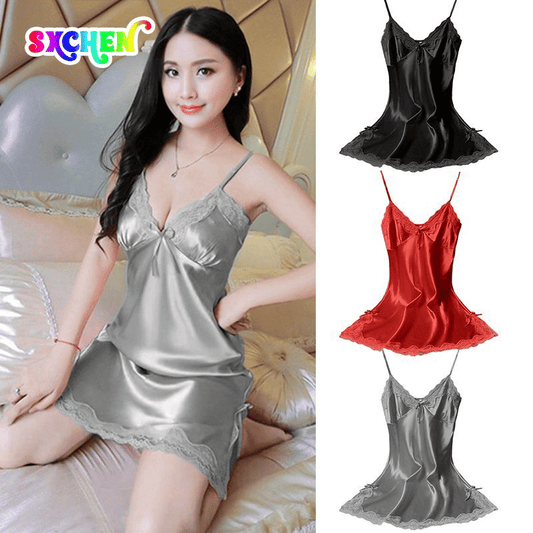 SXCHEN Women's Sexy Transparent V-Neck Satin Sleep Nightgown Dress with Adjustable Straps