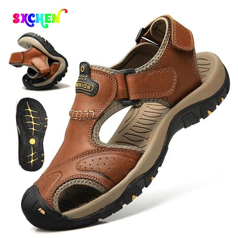 SXCHEN Men's Luxury Leather Beach Sandals, Durable Outdoor Walking Footwear