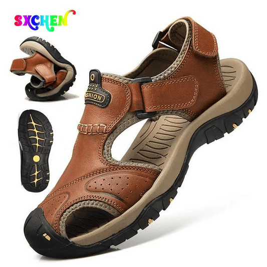 SXCHEN Men's Luxury Leather Beach Sandals, Durable Outdoor Walking Footwear
