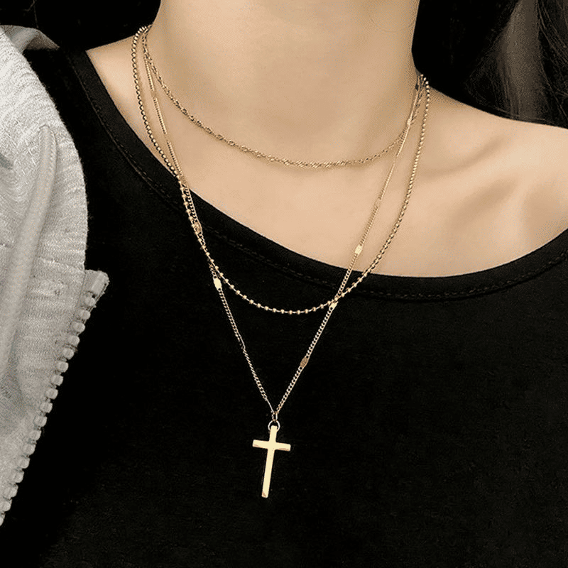 Elegant Gold-Plated Multi-Layer Cross Necklace for Women - Trendy Clavicle Chain