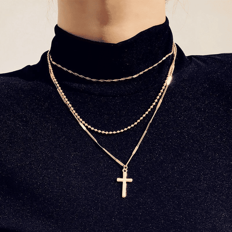 Elegant Gold-Plated Multi-Layer Cross Necklace for Women - Trendy Clavicle Chain