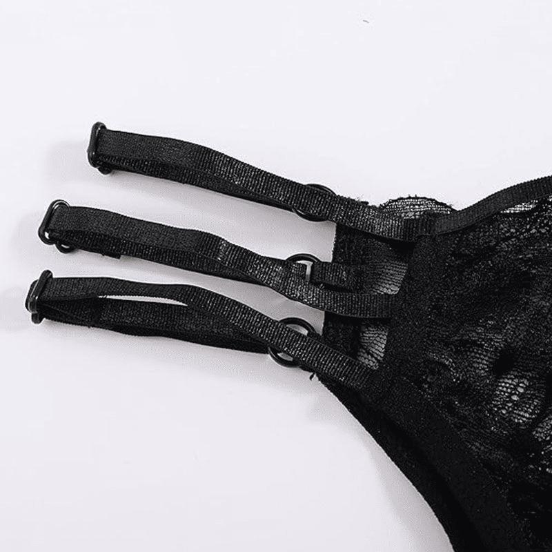 Seductive Black Lace Sequin Suspender Lingerie Set - Three-Piece Silk Nightgown