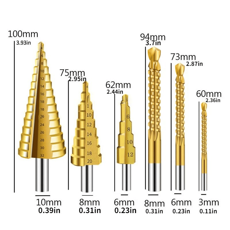 Titanium-Plated Pagoda Drill Bit Set 6-Piece Woodworking Hole Opener
