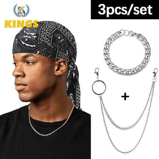 Men's Hip Hop Black Durag, Cuban Link Bracelet & Belt Chain Set