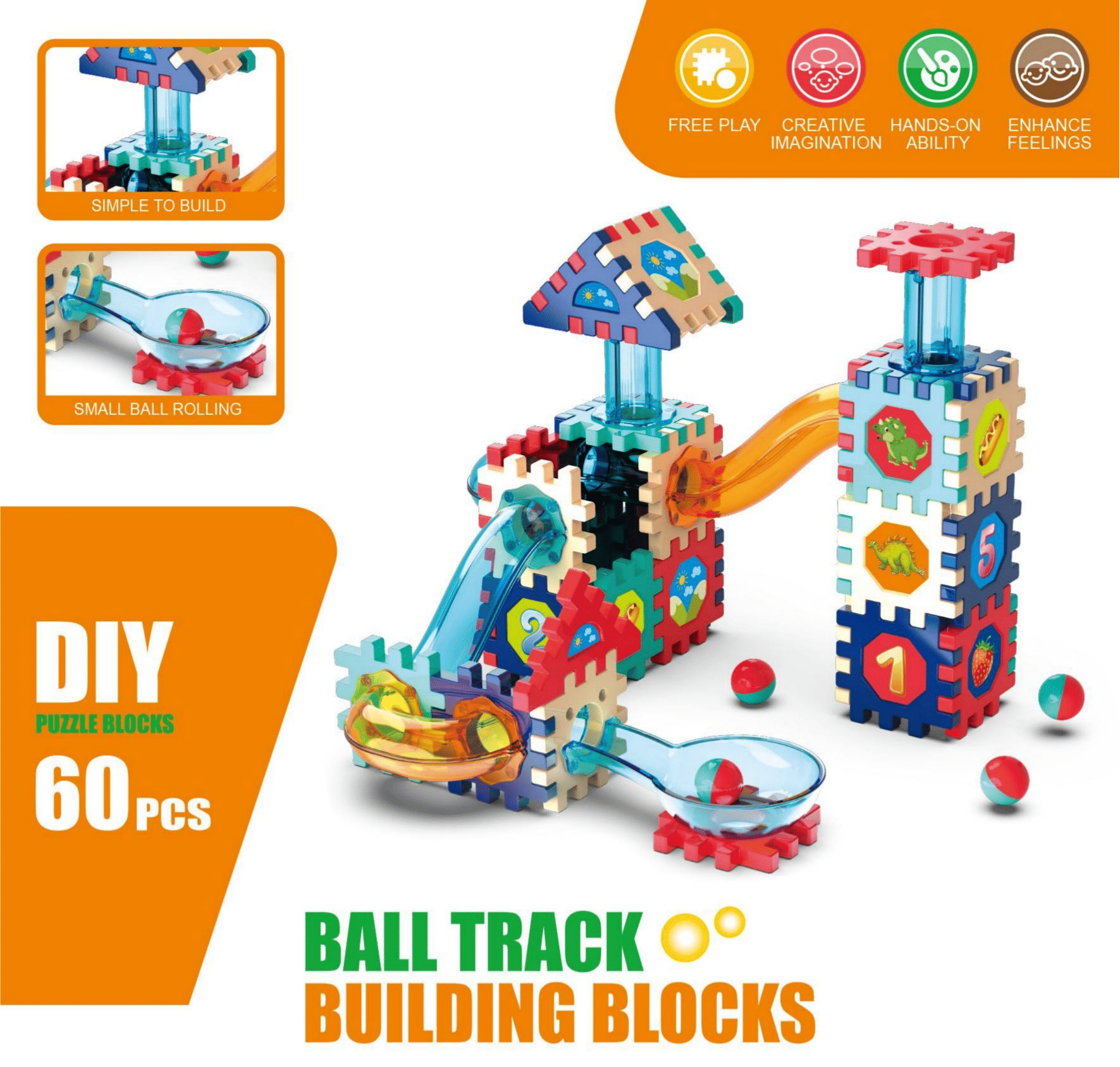 60 Pieces Children's Rolling Ball Block Set Building Track