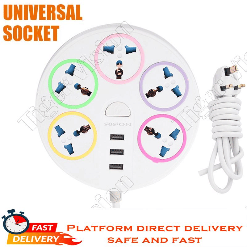 Universal 5-Outlet Power Strip with 3 USB Ports 2500W White