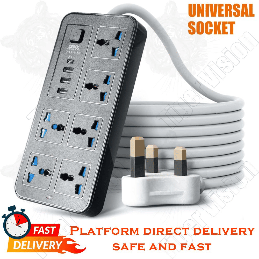 Universal 6-Outlet Power Strip with 3 USB Ports 2500W