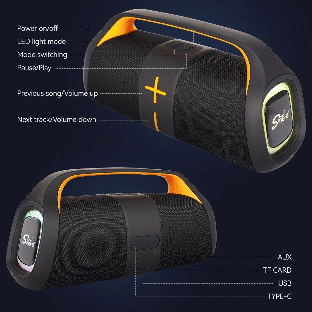 Portable Bluetooth Speaker with Deep Bass, Waterproof, Wireless, Subwoofer, Long-lasting Battery