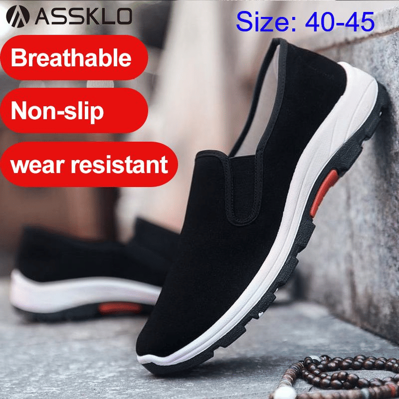 Men's Classic Black Laceless Canvas Loafers - Comfortable Rubber Flat Casual Shoes