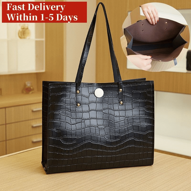 Elegant Black Croc-Patterned Women's Shoulder Tote Bag - Fashionable PU Leather Handbag