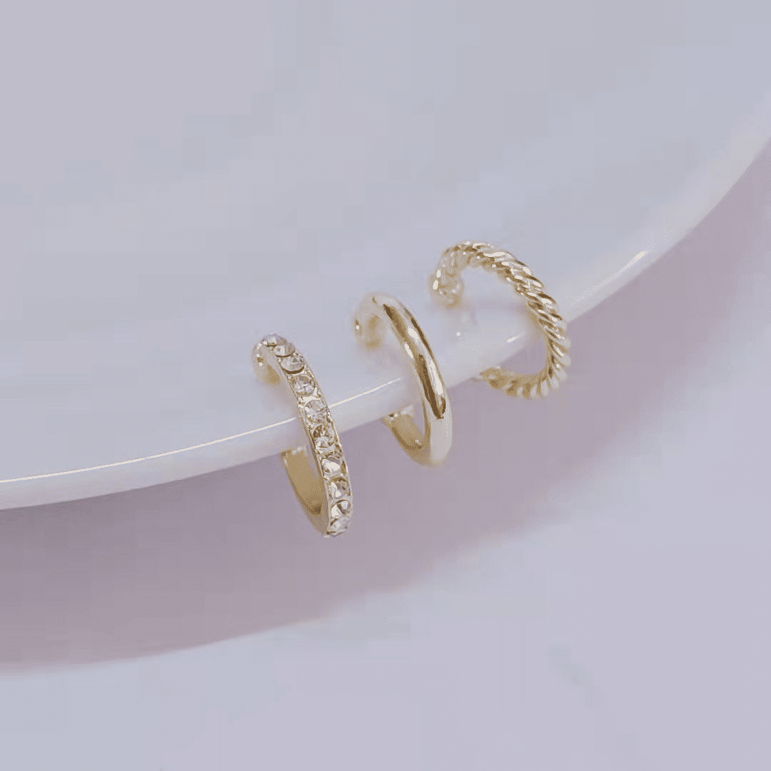 3-Piece Gold C-Shaped Diamond Inlay Ear Cuff Set - No Piercing, Trendy