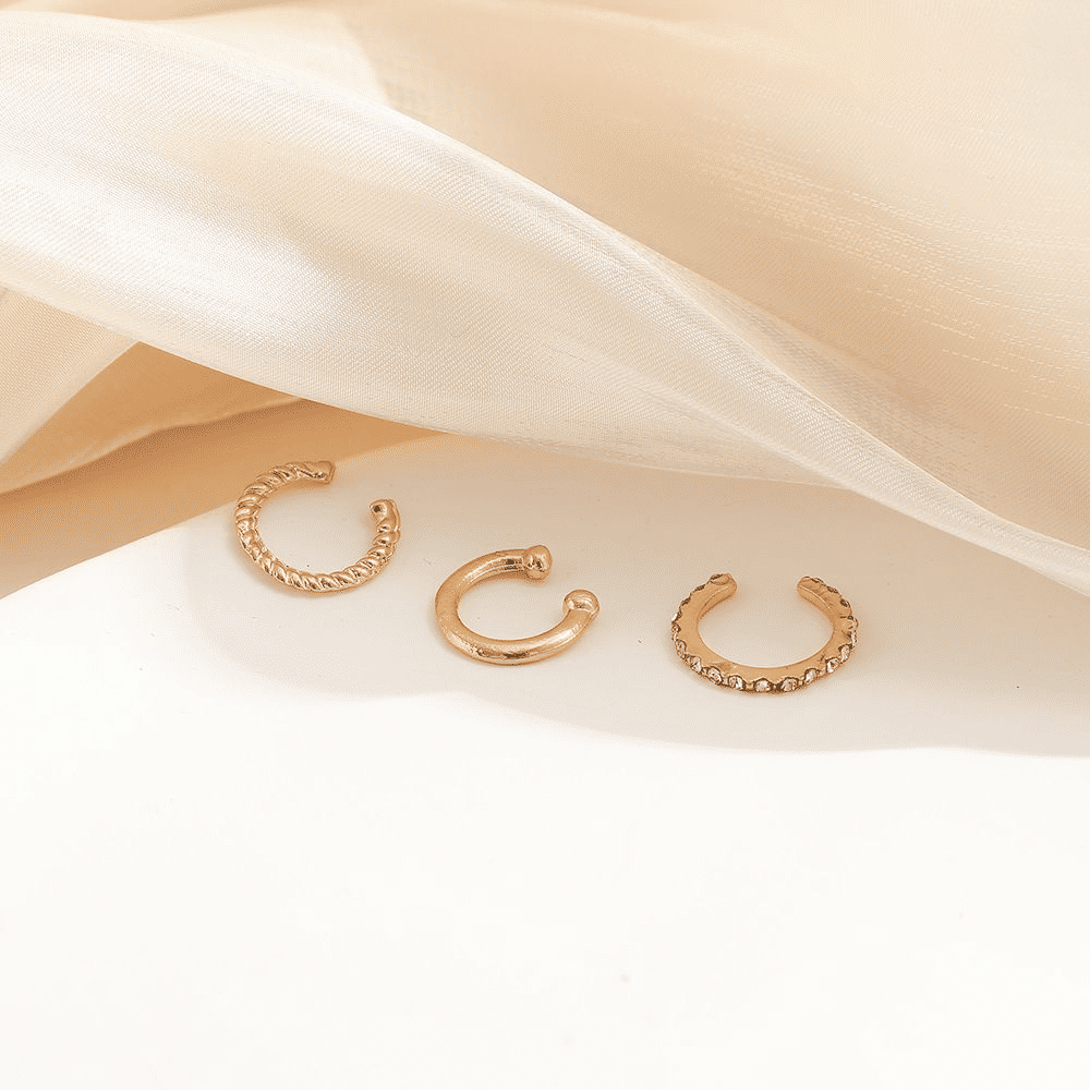 3-Piece Gold C-Shaped Diamond Inlay Ear Cuff Set - No Piercing, Trendy