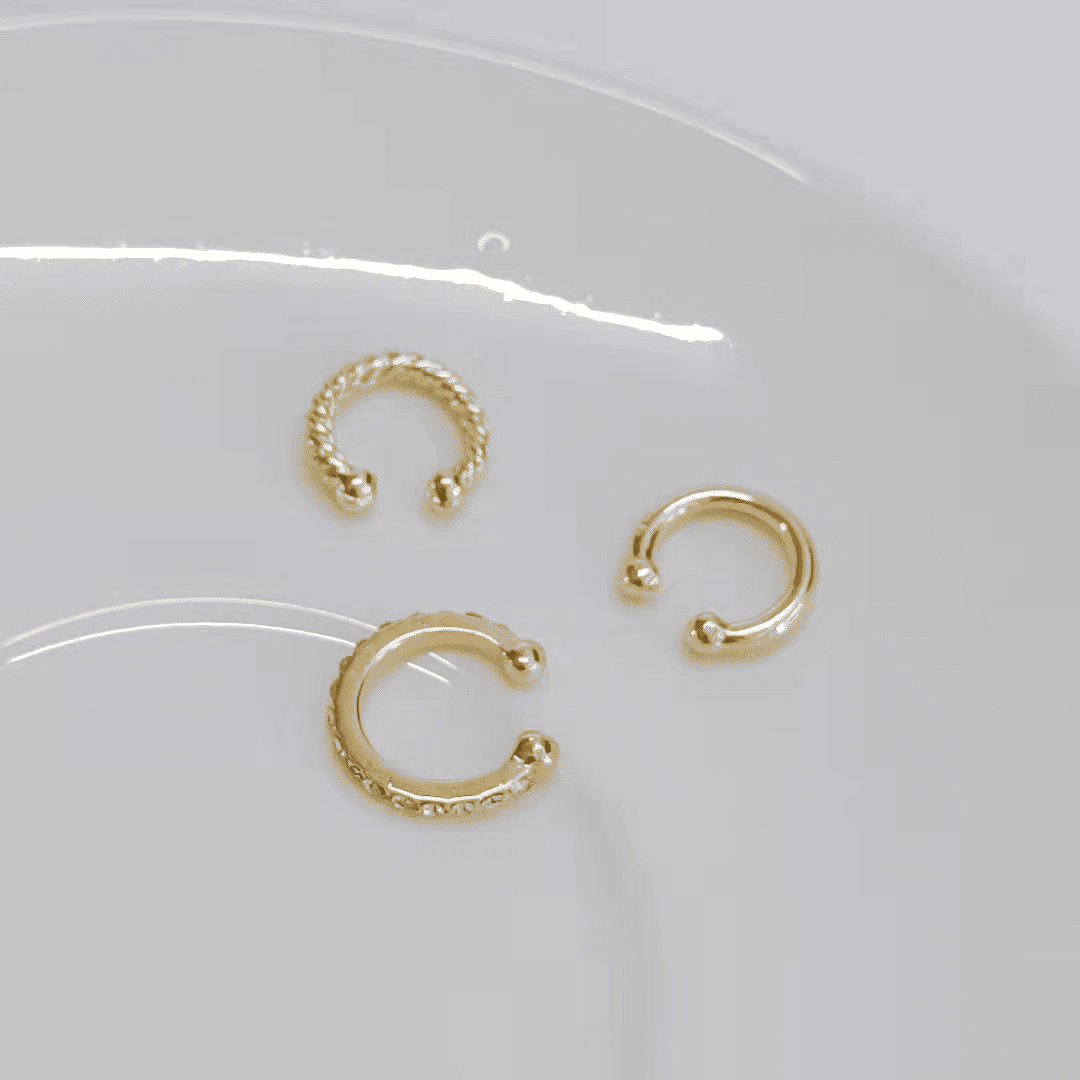 3-Piece Gold C-Shaped Diamond Inlay Ear Cuff Set - No Piercing, Trendy