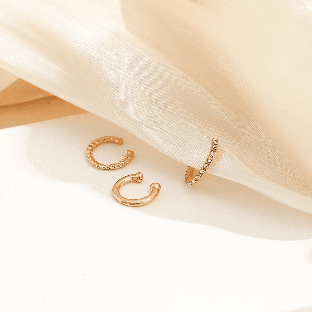3-Piece Gold C-Shaped Diamond Inlay Ear Cuff Set - No Piercing, Trendy