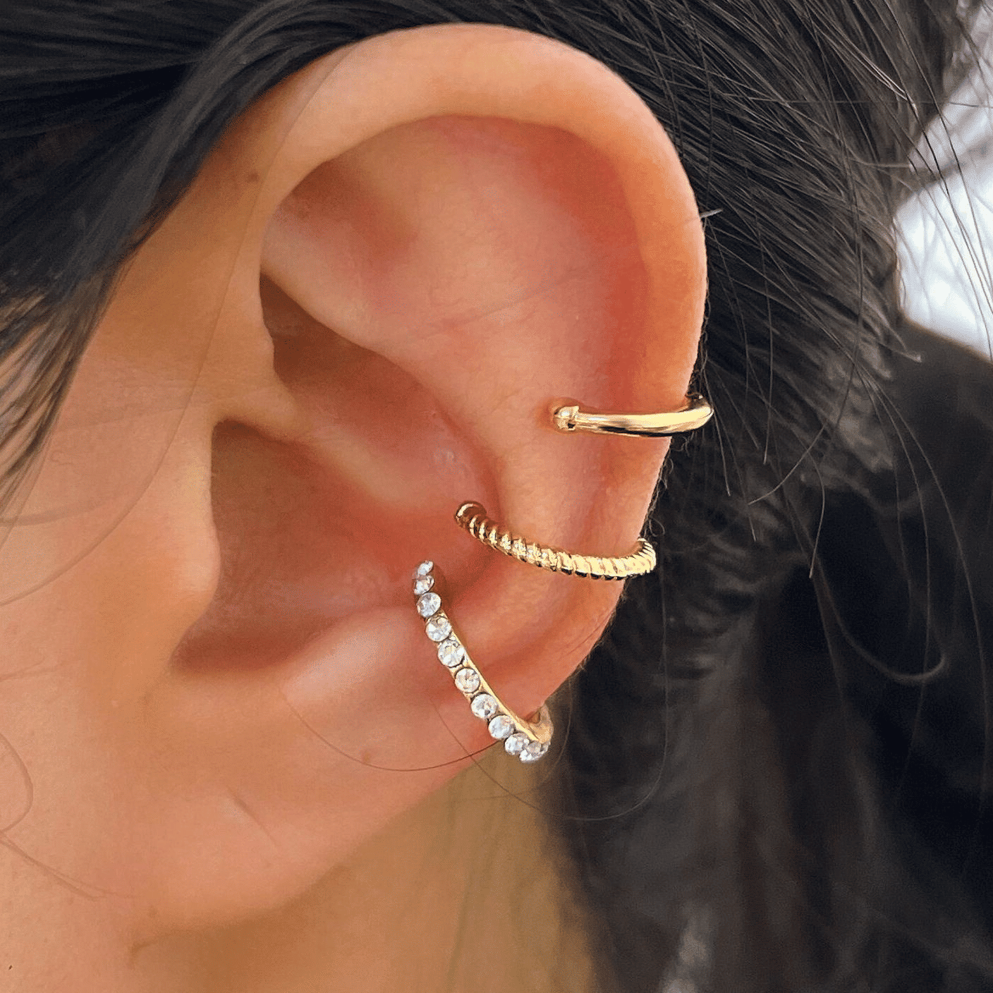 3-Piece Gold C-Shaped Diamond Inlay Ear Cuff Set - No Piercing, Trendy