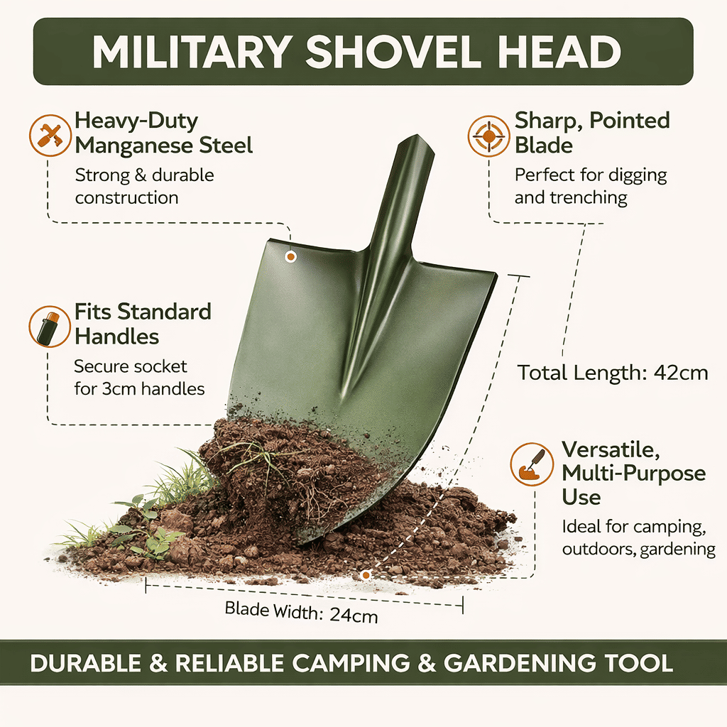 Heavy-Duty Military-Style Shovel Head Manganese Steel 42cm