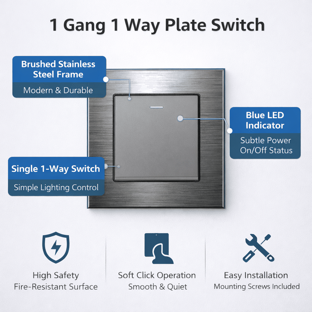 1 Gang 1 Way Stainless Steel Wall Switch Blue LED