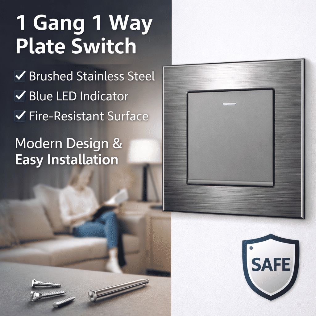 1 Gang 1 Way Stainless Steel Wall Switch Blue LED