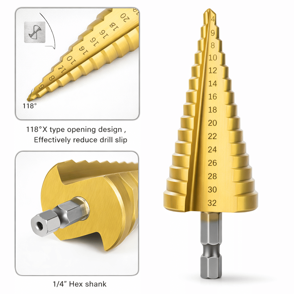 HSS Titanium Step Cone Drill Bit Set 3-Piece Hex Shank