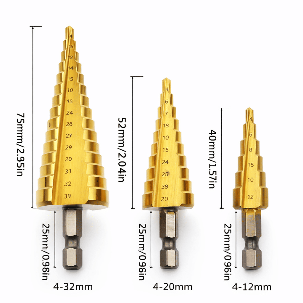 HSS Titanium Step Cone Drill Bit Set 3-Piece Hex Shank
