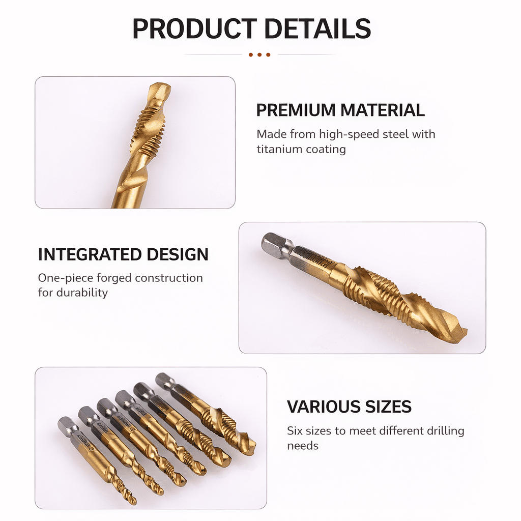 HSS Titanium Combination Drill Tap Set 6 PCS 1/4 inch Hex