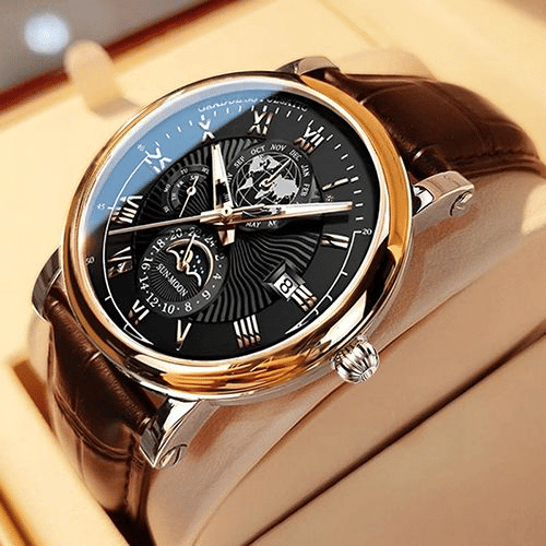 Men's Luxury Luminous Quartz Sport Watch Moon Phase Leather Strap